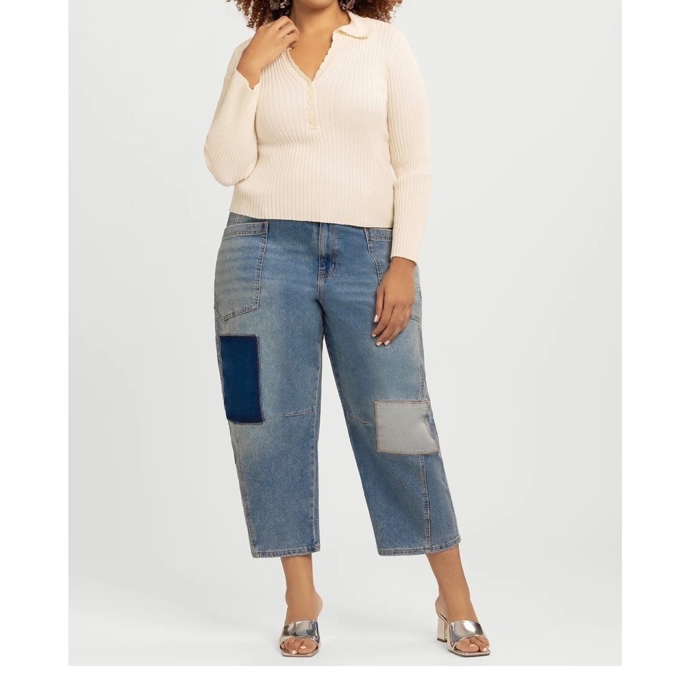 Jessica Simpson Cherry Barrel Jeans Women 22W Patchwork Distressed Crop Boho NEW